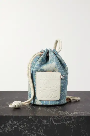 Blue and white leather denim bucket bag