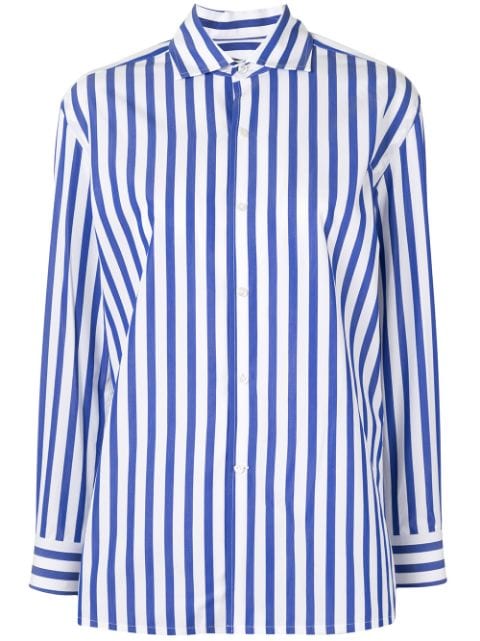 Women’s blue and white pin-striped shirt.
