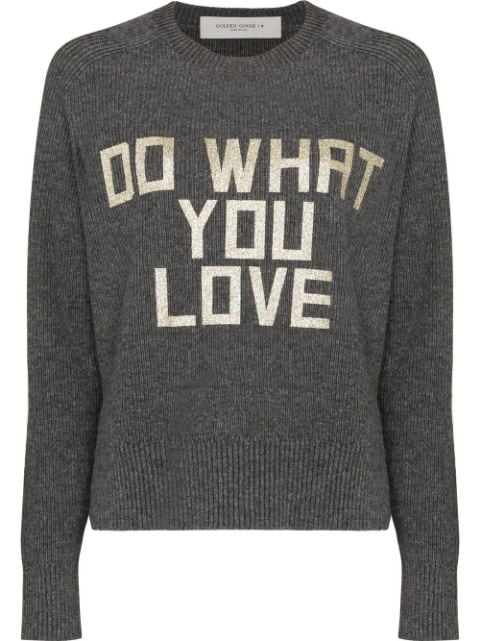 Dark grey wool jumper which says “do what you love” on it