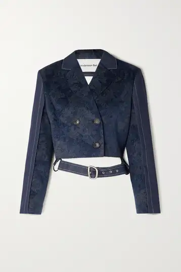 Navy cropped velvet and denim jacket