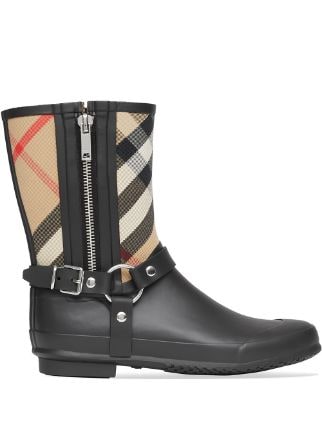 Black and Burberry pattern rain boots