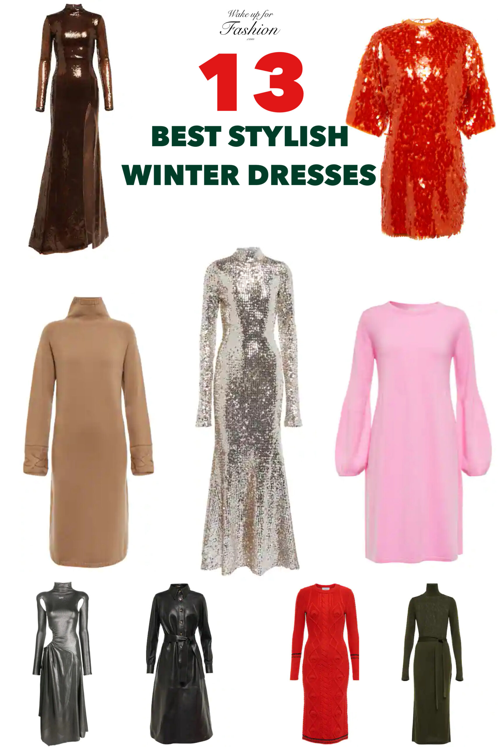 Collage of stylish red, brown, pink, silver, black and green winter dresses.