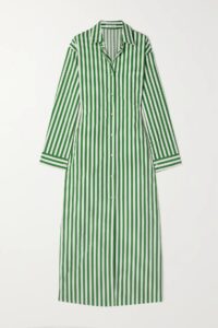 Green and white striped midi shirt dress