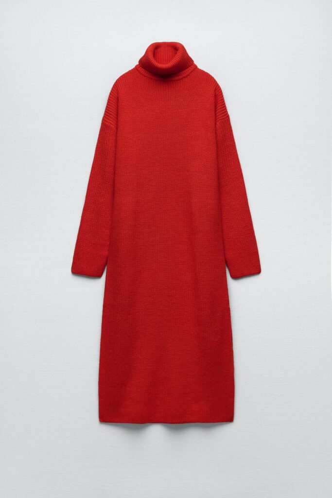 Long red knit winter polo neck dress