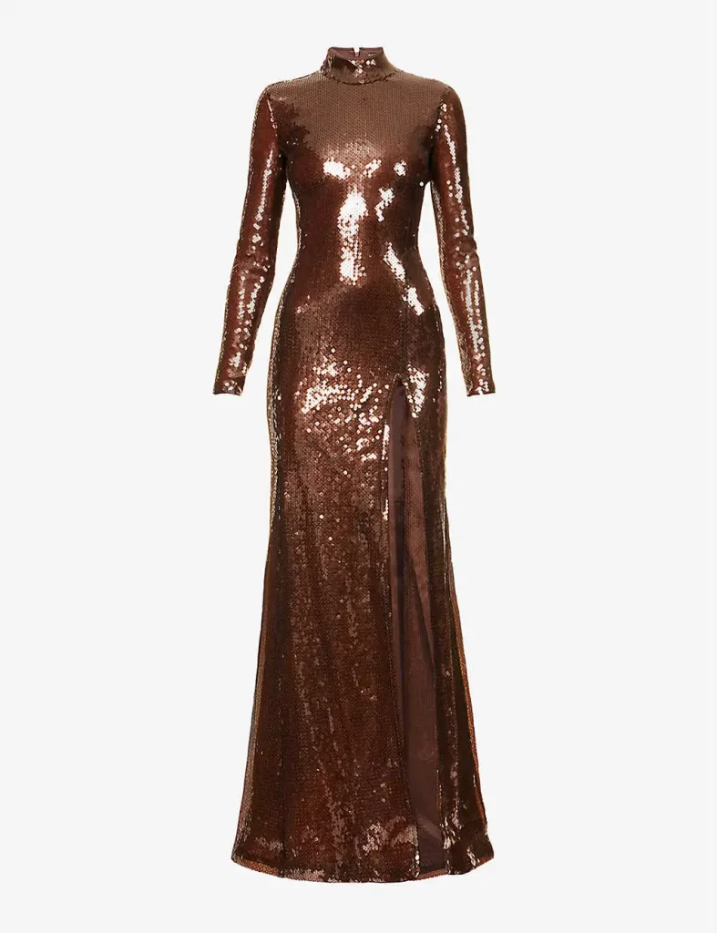 Brown sequin-embellished maxi dress