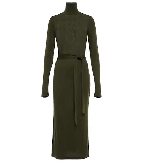 Full length olive green wool turtleneck dress