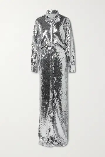 Full length silver sequinned shirt dress