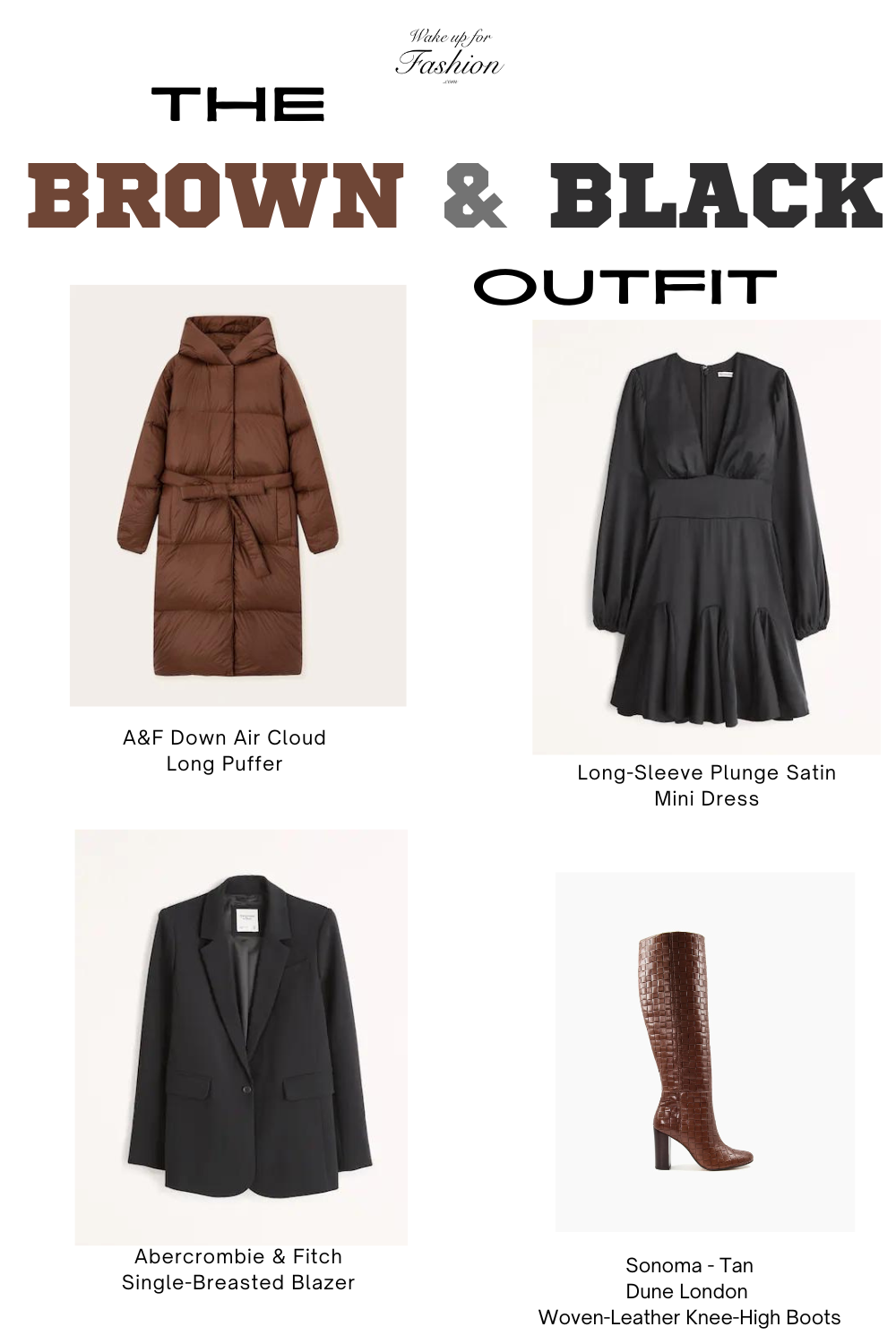 Winter outfit including a brown trench coat, black blazer, black dress and brown boots.