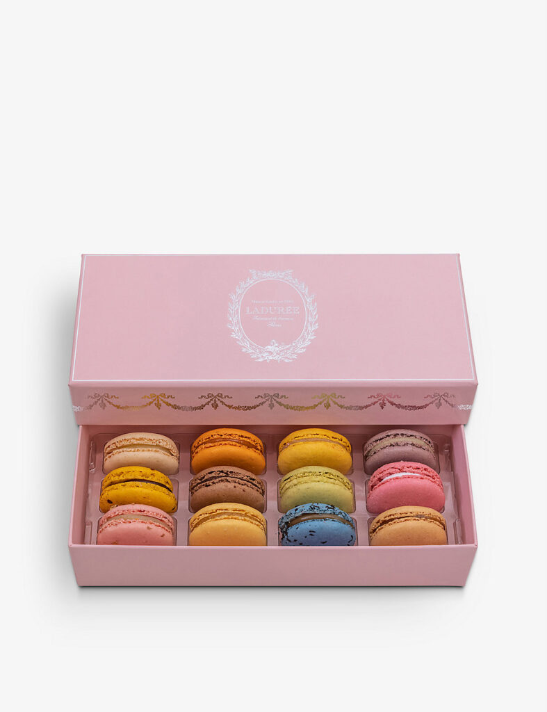 Pink box of colourful macarons