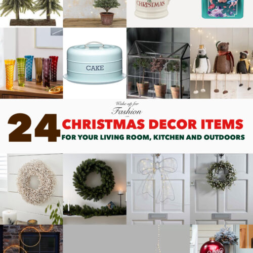 Collage of Christmas home decor for kitchen, living room and outdoors
