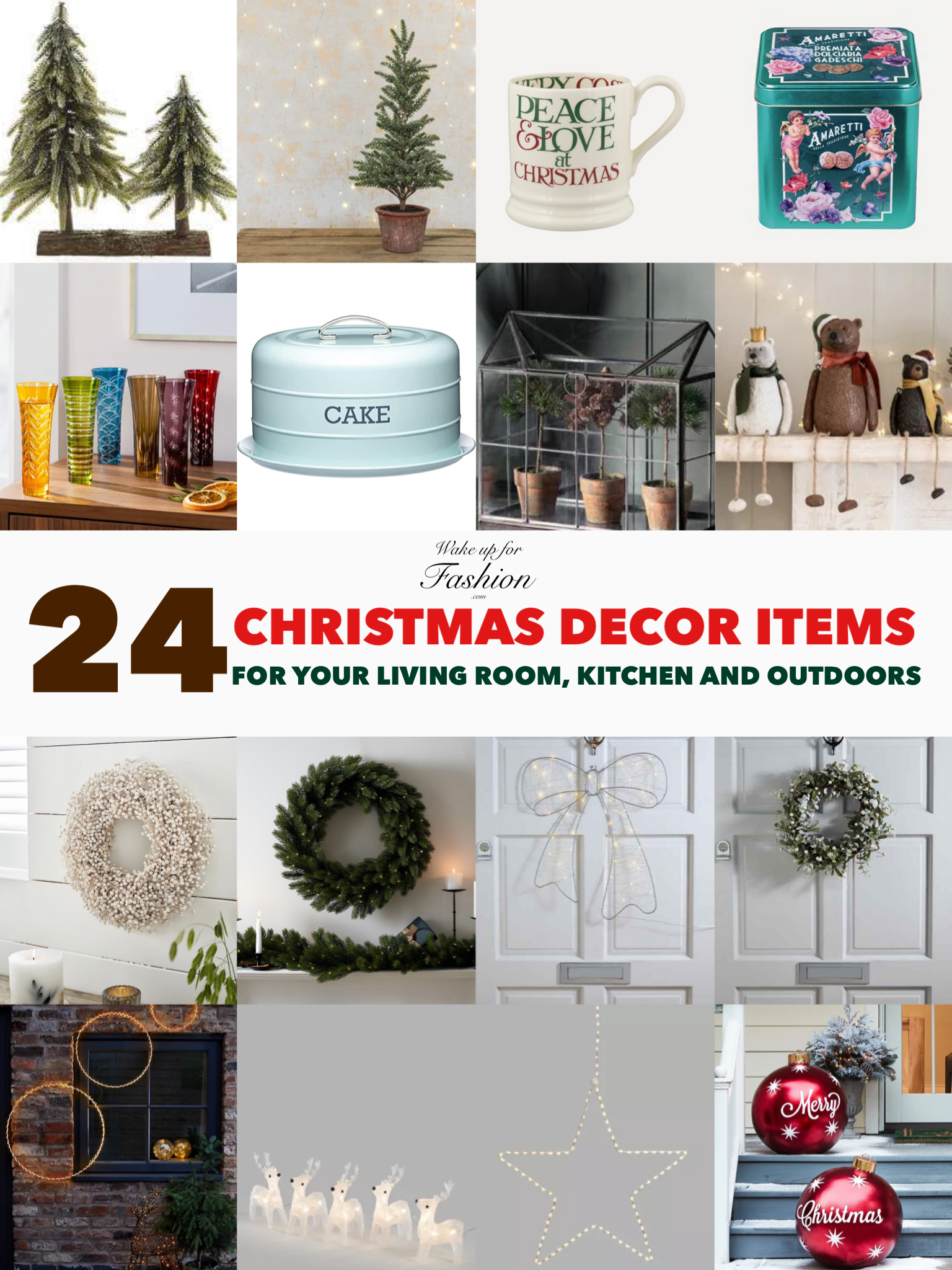 Collage of Christmas home decor for kitchen, living room and outdoors