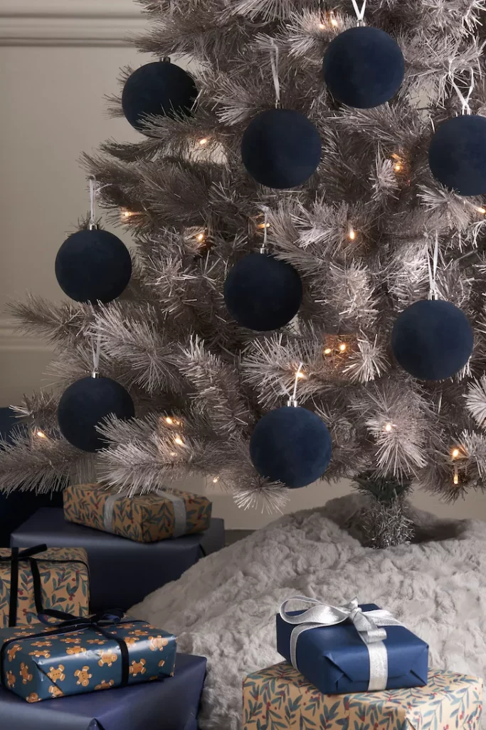 Set of 9 Navy Flocked Christmas Baubles