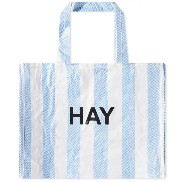 Blue and white striped tote bag
