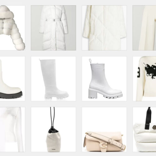 Collage of women’s white coats, tops, jumpers, trousers, boots and bags.