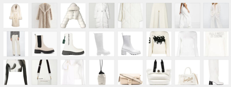 Collage of women’s white coats, tops, jumpers, trousers, boots and bags.