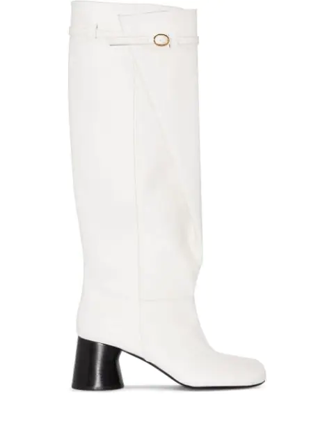 White knee high boots with black heel