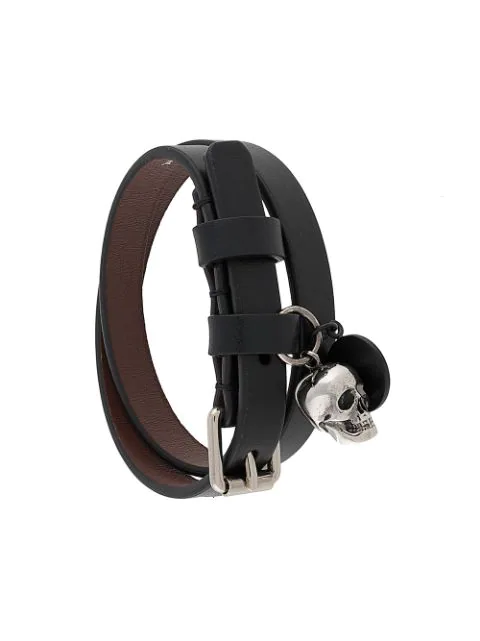 Men’s designer leather bracelet with silver skull charm