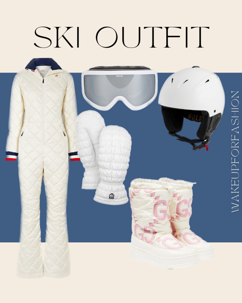 White ski outfit: quilted ski suit, Gucci snow boots, ski goggles, gloves and helmet.