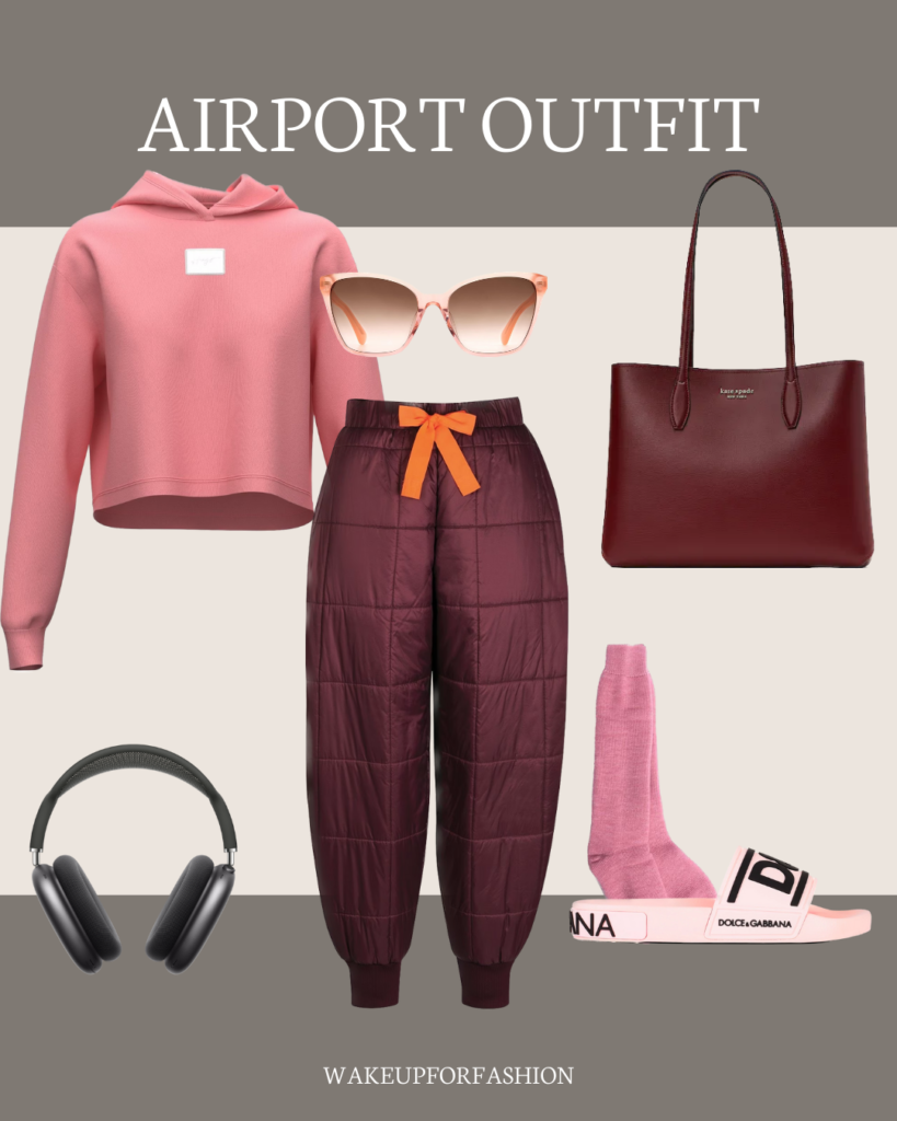Coral pink hoodie styled with baggy trousers, pink sunglasses, Kate Spade handbag 