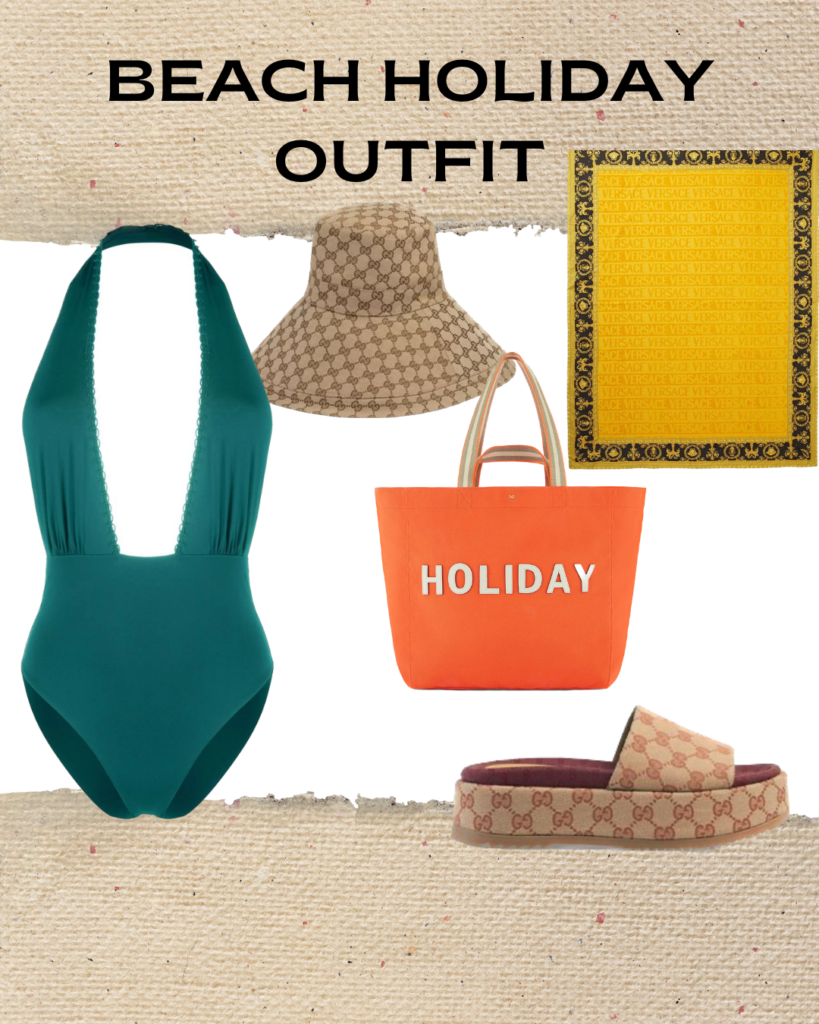 Green swimsuit styled with canvas hat, platform sandals, holiday tote bag and designer towel.