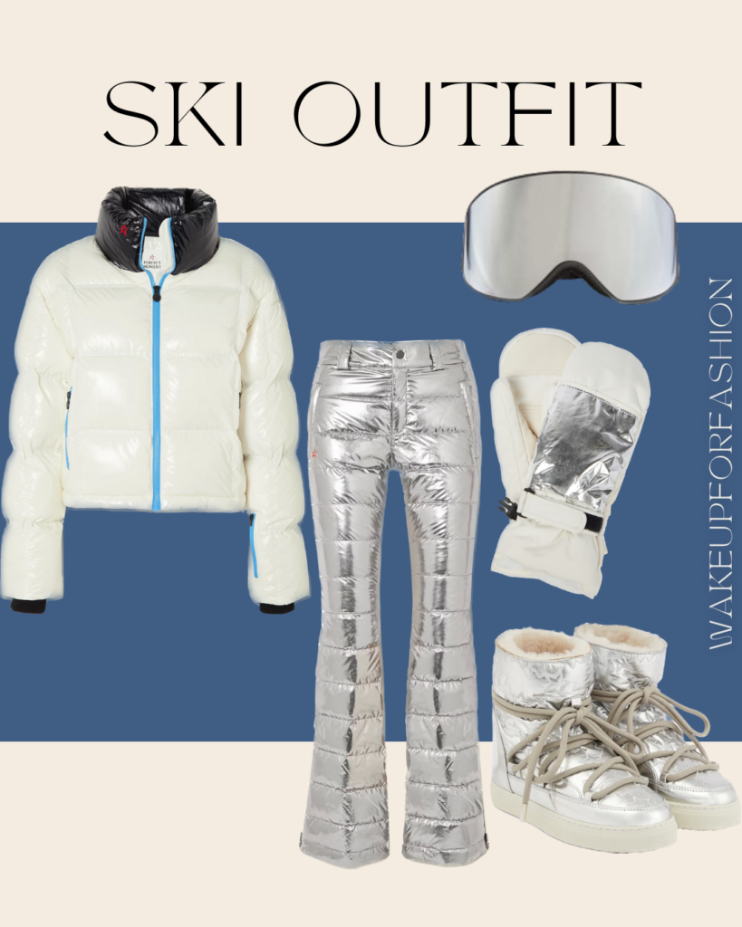 White ski jacket styled with silver ski trousers and ski boots for cute ski outfit.