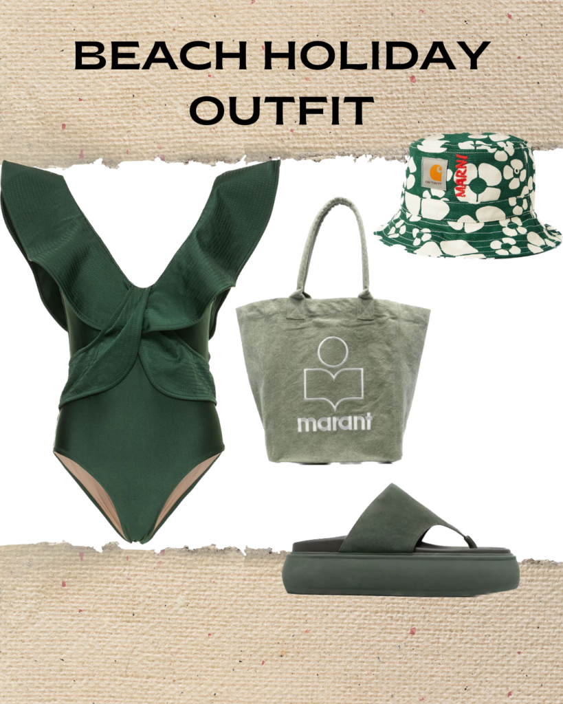 All green summer outfit with swimsuit, tote bag, bucket hat and sandals.
