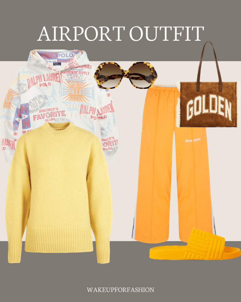 White hoodie, yellow sweat shirt, orange trousers, orange sliders, brown sunglasses and brown tote bag styled together for comfy airport outfit for ladies.