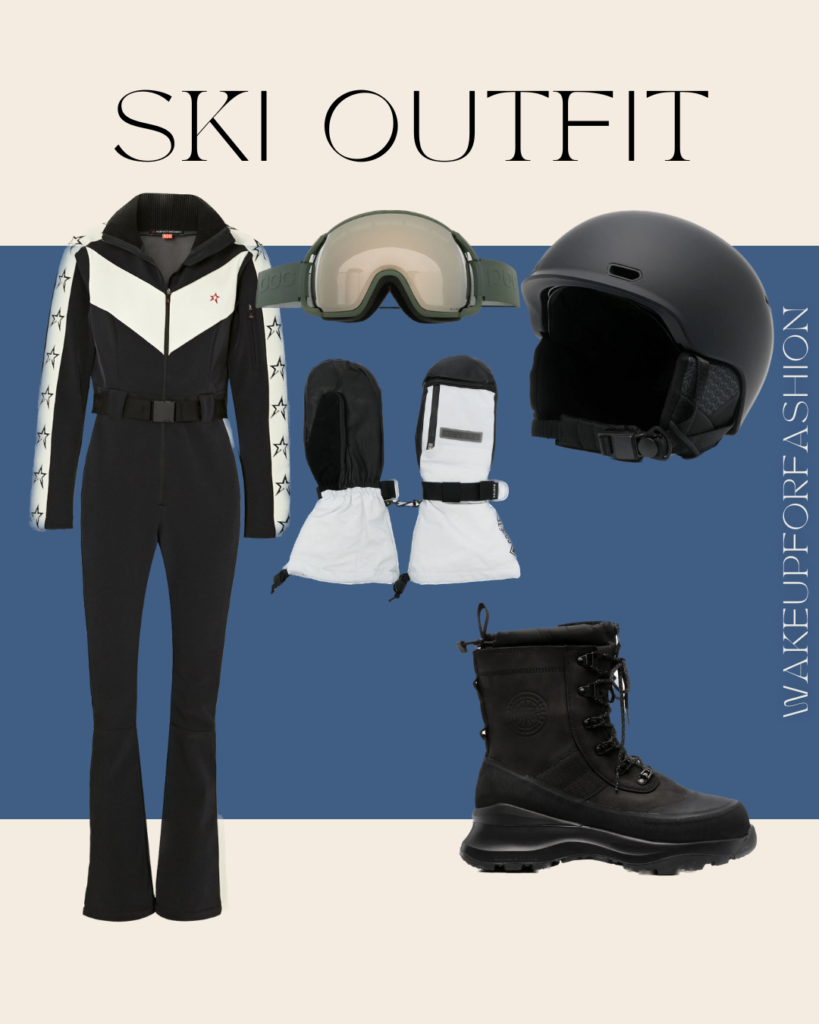 Black ski suit styled with mittens, ski goggles, helmet and snow boots.