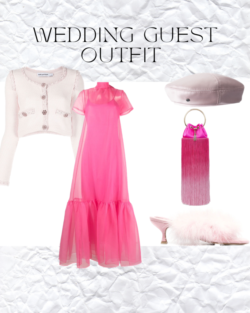 All pink wedding guest outfit with long pink gown, light pink cardigan, pink beret, fancy pink bag and fluffy pink kitten heels.