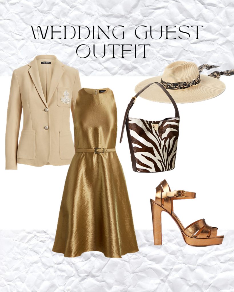 Gold metallic belted dress styled with cream blazer, bucket bag, metallic sandals and straw sun hat for wedding outfit.