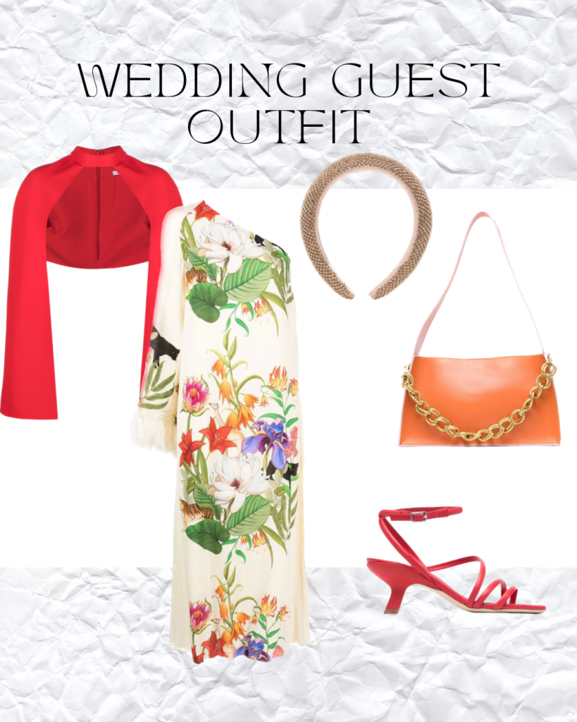 Colourful formal wedding guest outfit with stunning one shoulder dress, red cropped jacket, orange tote bag, red strap heels and crystal embellished hairband.