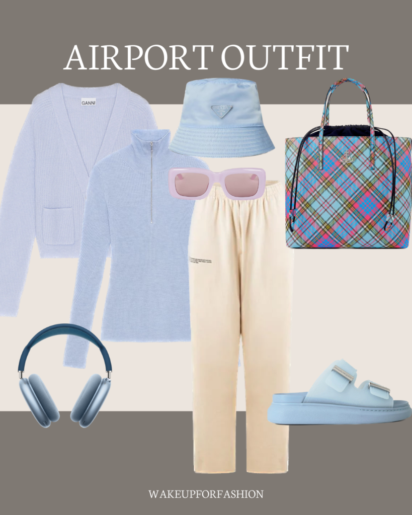 Collage of light blue top, cardigan, bucket hat, sandals, headphones, cream track pants and patterned handbag for airport outfit idea.