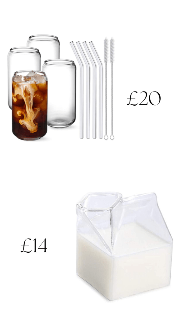 Glass beer can shaped glassware set with 4 glass straws and aesthetic milk glass.