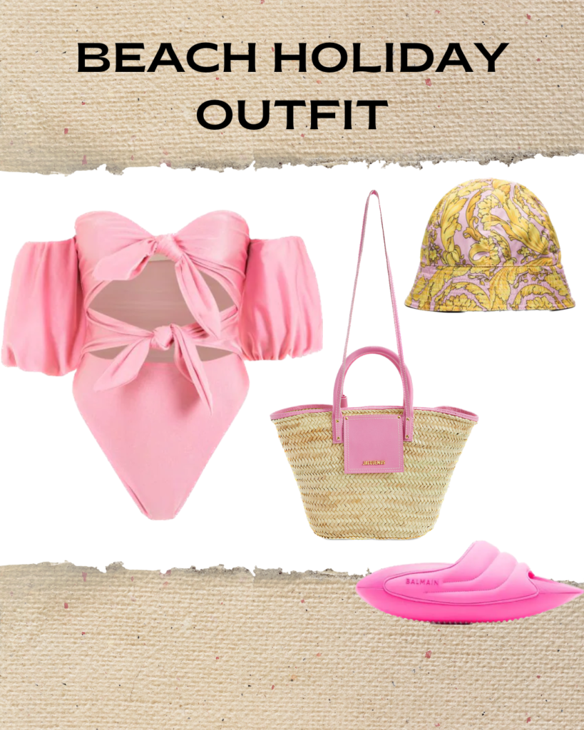 Pink swimsuit styled with bucket hat, straw tote bag and pink sandals.
