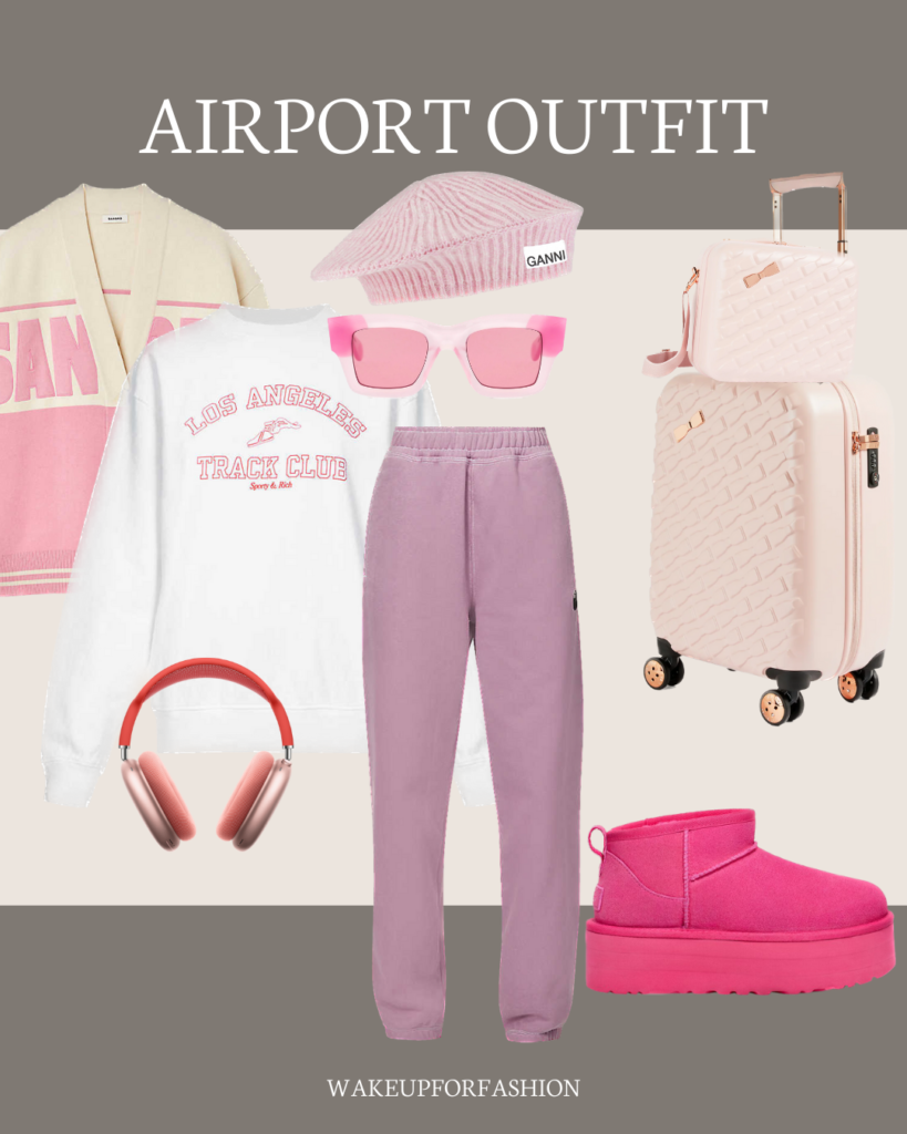 White sweatshirt styled with pink sweat pants, pink uggs, pink beret, pink sunglasses, pink suitcase and pink bag for airport outfit.