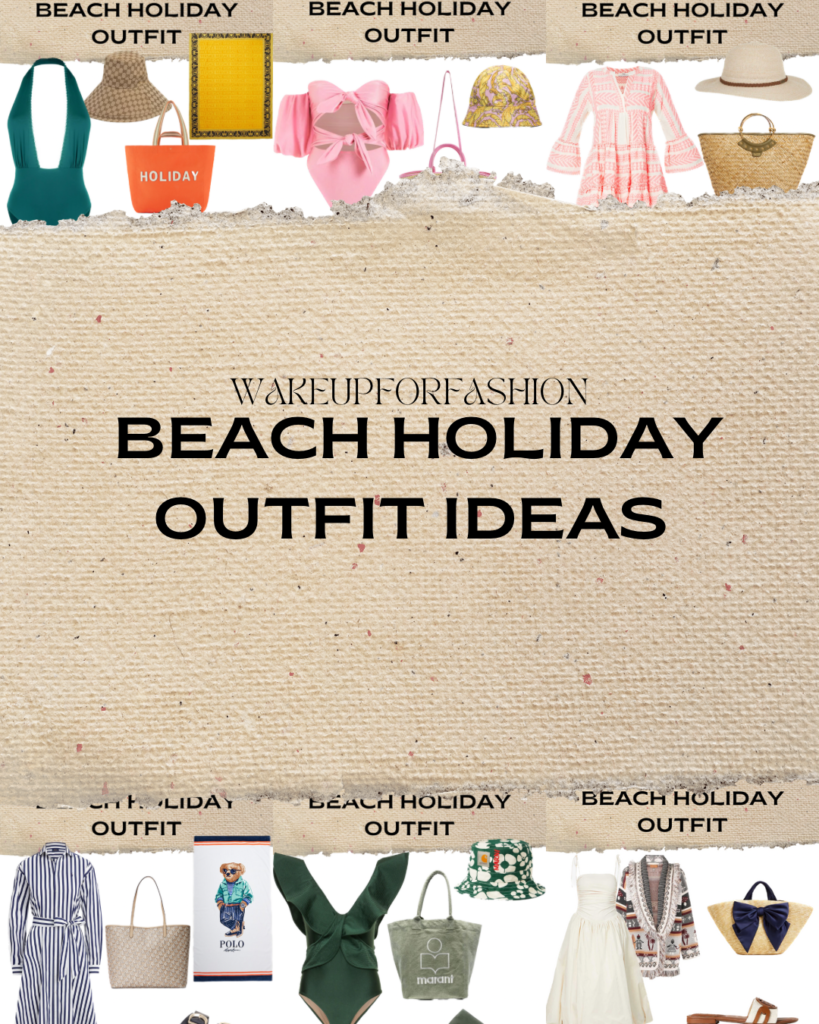 Beach outfit ideas for women including swimsuits, summer dresses, tote bags and sandals.