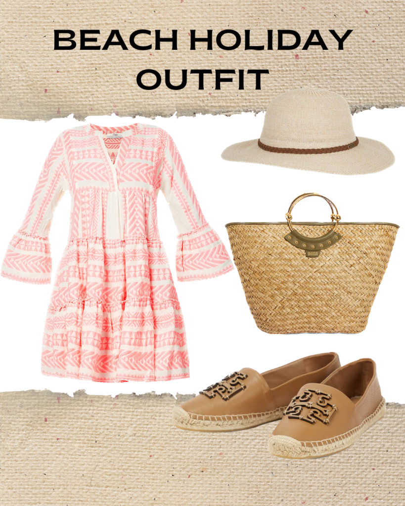 Pink and white mini dress styled with sun hat, leather espadrilles and straw tote bag for bohemian chic summer outfit.