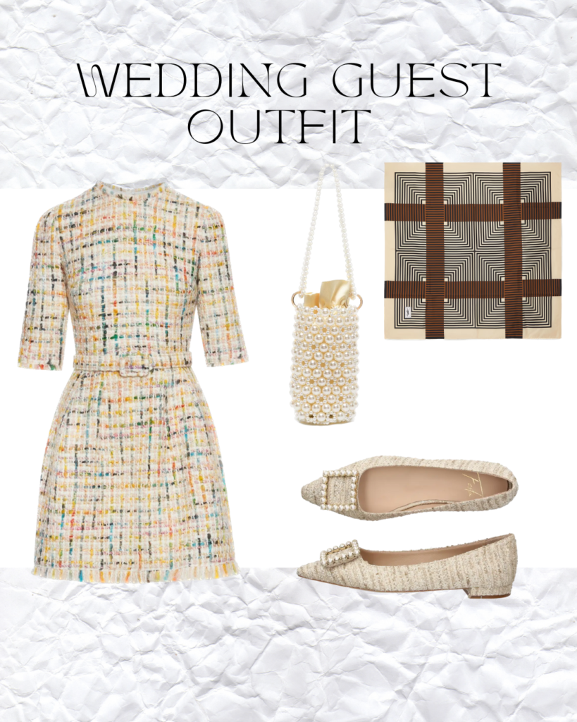 Tweed dress styled with pearl bucket bag, tweed ballet flats and silk scarf.