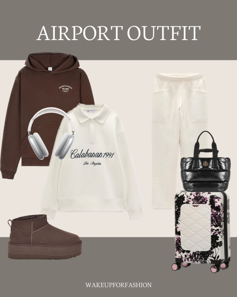 Brown hoodie styled with white top, white sweat pants and brown UGG boots for airport outfit.