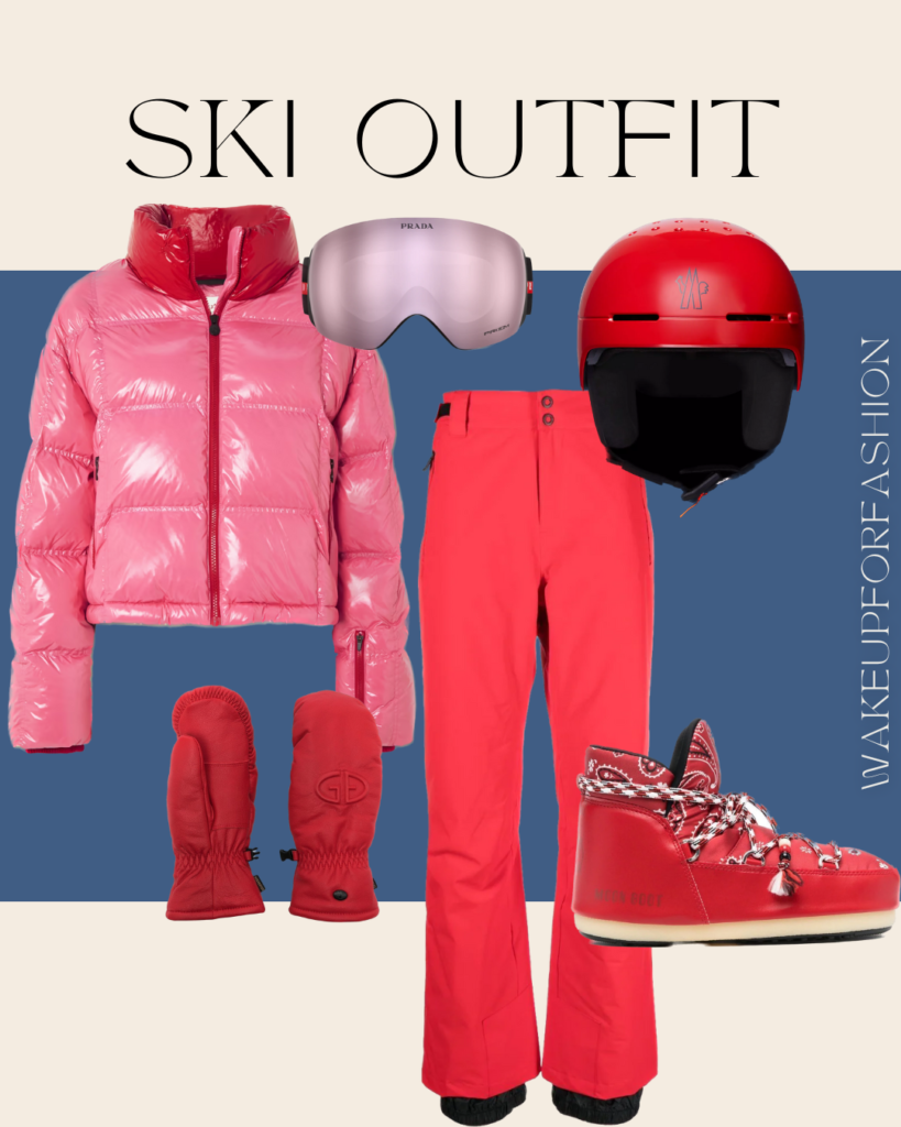 Women’s red and pink ski outfit with ski jacket, trousers, goggles, helmet, boots and mittens.