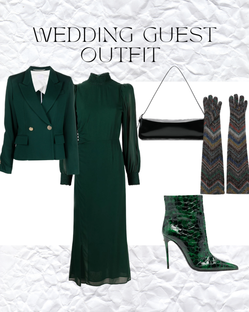 Green high neck midi dress styled with green blazer, green boots, long gloves and shoulder bag for wedding guest outfit.