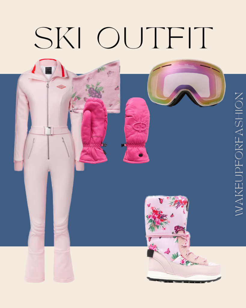 Light pink ski suit styled with floral ski boots, hot pink ski mittens, mirrored ski goggles and floral scarf.