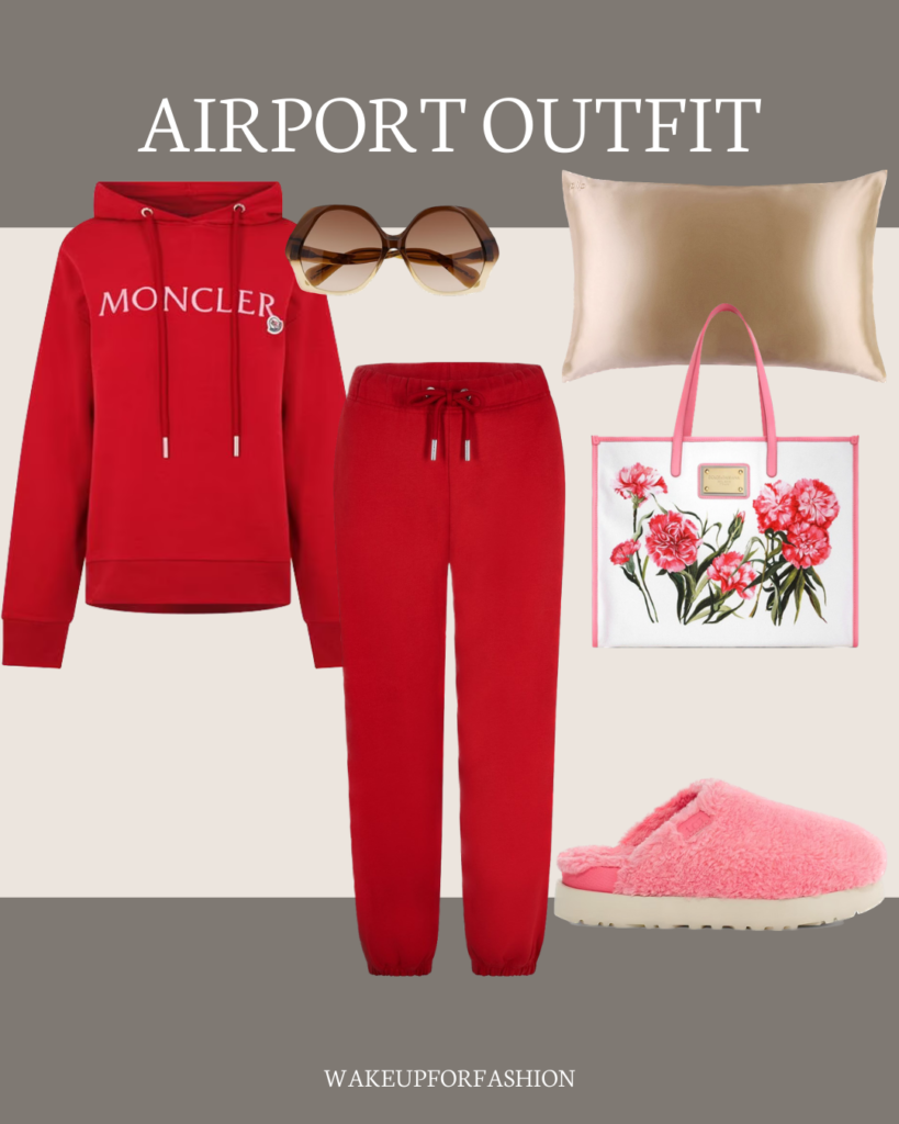 Red hoodie plus red sweatpants styled with pink fluffy mules, floral tote bag and brown sunglasses for airport outfit.