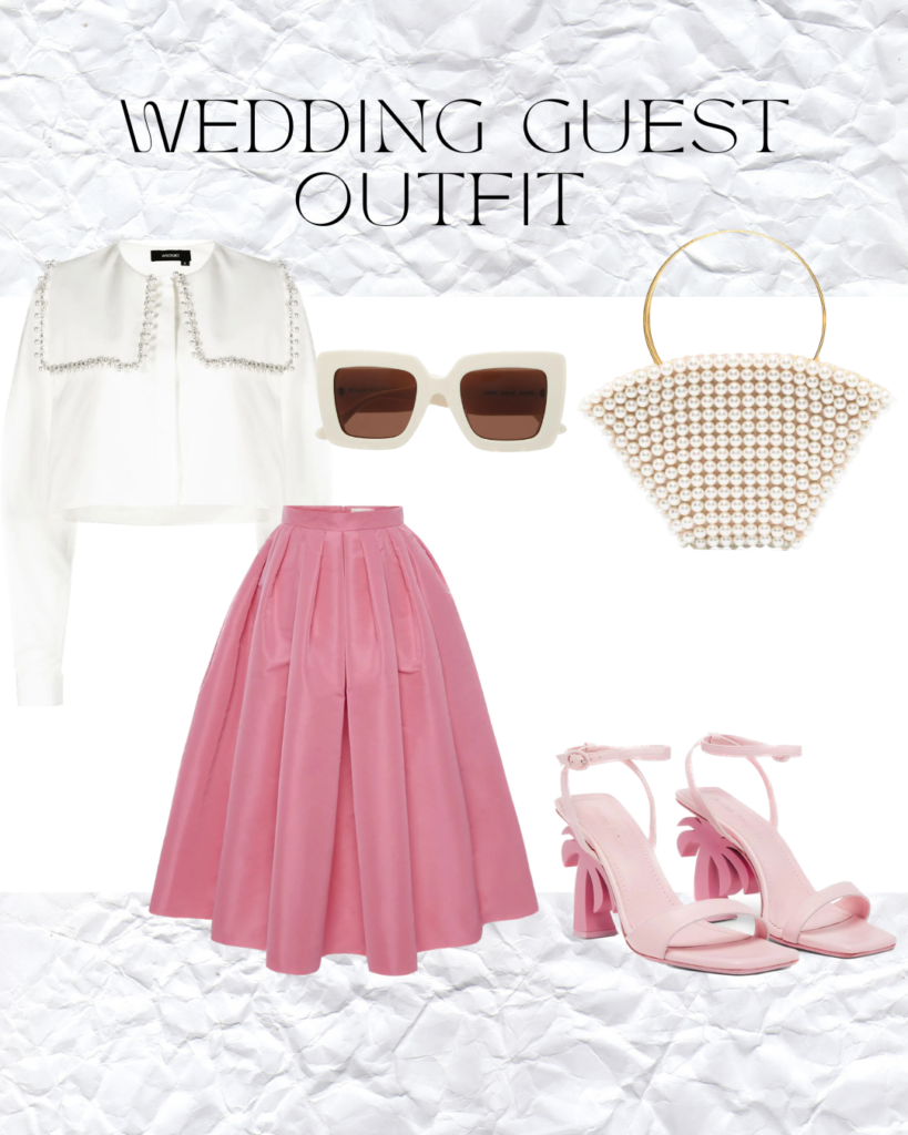 White blouse styled with pink skirt, pearl handbag, pink palm tree heels and cream sunglasses.