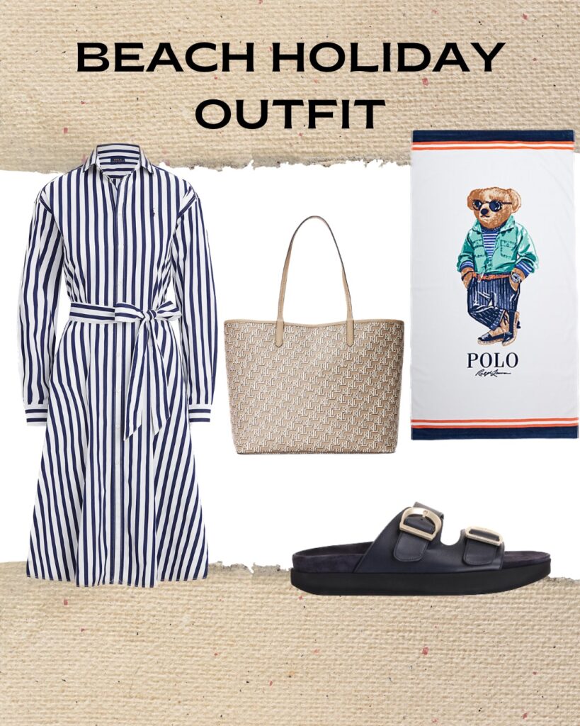 Preppy summer clothes for women including stripe shirt dress, tote bag, towel and sandals.