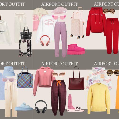 Collage of stylish aesthetic airport outfits with sweats for women to wear to the airport.