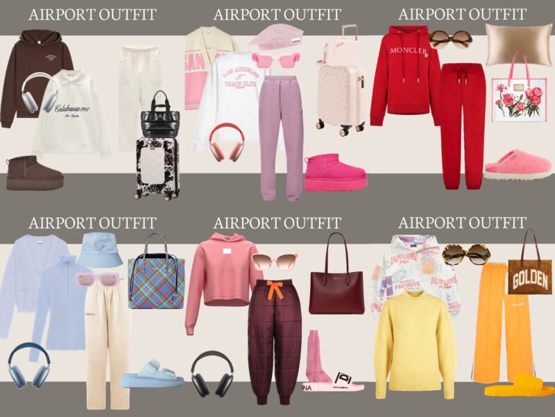 Collage of stylish aesthetic airport outfits with sweats for women to wear to the airport.