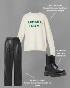 Cream jumper outfit: cream jumper styled with black faux-leather pants and black ankle boots.
