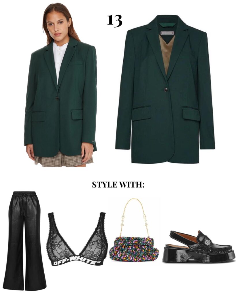 Green blazer from Tommy Hilfiger styled for chic outfit idea.
