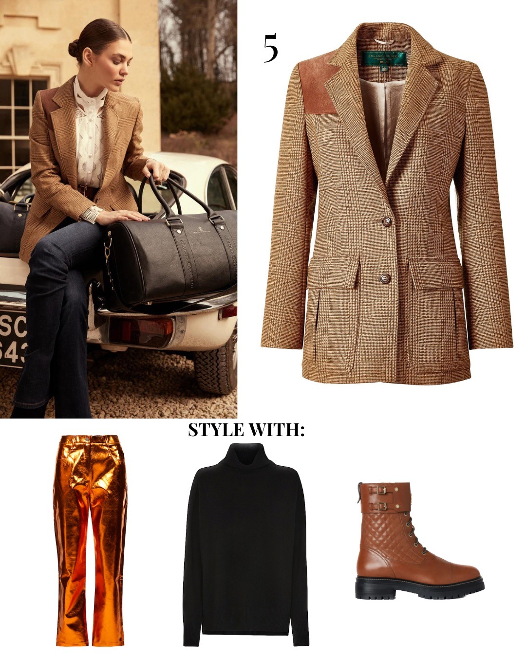 Country style blazer outfit styled with metallic leather trousers, black roll neck jumper and tan boots.